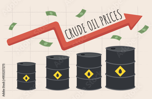 Crude oil prices rising. Graph with barrels of oil increasing in size and a red arrow pointing upwards symbolizing rising oil prices.
