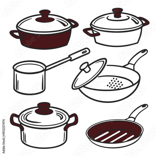 Set of kitchen utensils. cooking pots with lids, ladle, and frying pans. isolated on white background. vector vintage illustration.