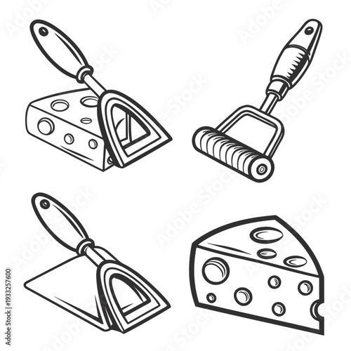 Collection of hand-drawn kitchen utensils for cutting and slicing cheese, illustrating various tools for cheese preparation and serving elegantly