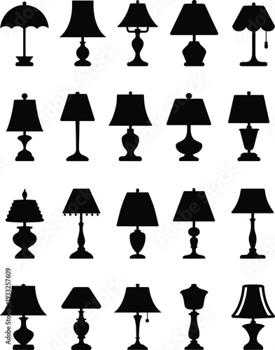 Table lamp silhouettes, vintage lamp shapes, classic lamp icons, decorative lighting designs, home decor lamps, stylish lamp vectors, nightstand lamps