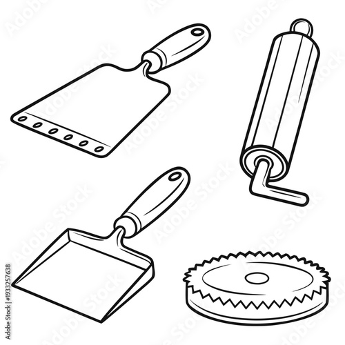 Set of kitchen tools line art vector illustration with a flat top scraper, an angled scoop, a caulking gun, and a serrated wheel