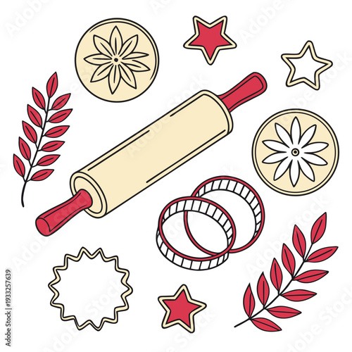 Wooden rolling pin with star shaped cookie cutters and botanical leaves decoration for seasonal holiday baking and festive food preparation layouts