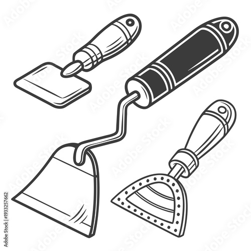 Set of professional putty knives and construction scrapers in vintage hand drawn style for renovation hardware and manual labor maintenance themes
