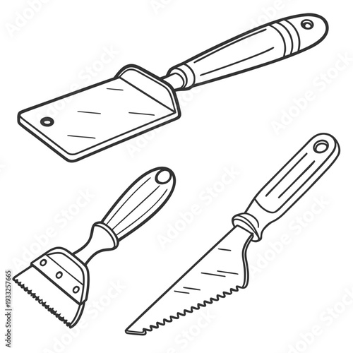 Set of kitchen baking tools, including a pastry scraper, a basting brush, and a serrated bread knife in line art vector