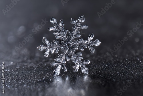 Macro Capture of a Snowflake Resting on a Dark Metallic Surface With Sharp Focus and High Resolution Display