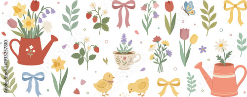 Set of spring cute elements. Hand drawn lovely flowers, bows, floral decor, blossom garden, watering can, leaves and herb, bird and butterfly. Collection spring stickers. Vector flat illustration. 
