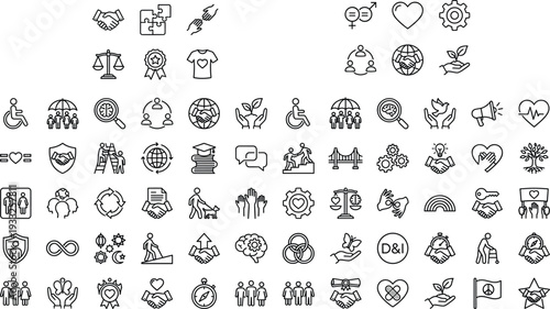 Human rights and social justice outline icon set collection for charity education equality awareness web mobile design vector illustration