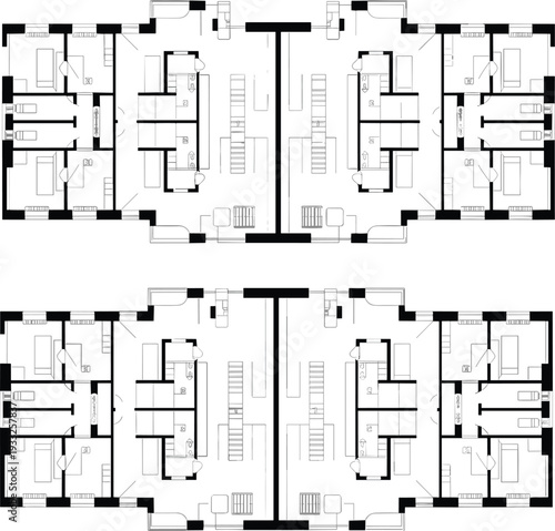 Symmetrical apartment floor plan, modern residential layout, architectural blueprint design, detailed black and white CAD drawing for housing development projects.