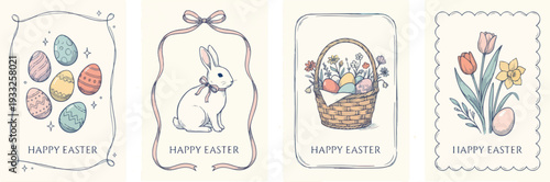 Set of vintage coquette greeting cards for Easter day. Hand drawn whimsical frames with bows and ribbons. Cute bunny, flowers and leaves, basket, eggs. Template for poster, banner.