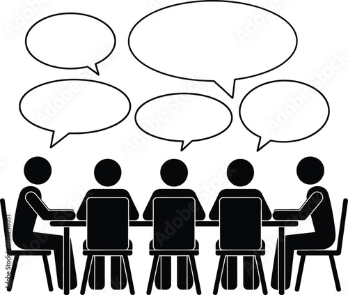 Group of people sitting around a table engaged in a discussion or meeting with speech bubbles indicating conversation and collaboration.