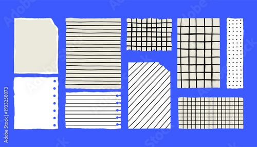 Torn white paper sheets with ripped edges. Lined notebook pages, squared graph grid, diagonal stripes and dotted texture. Elements for school or office memo design