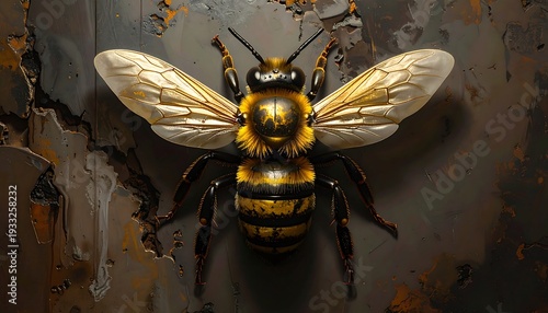 A detailed close-up of a bee with outstretched wings, showcasing intricate textures against a rugged background