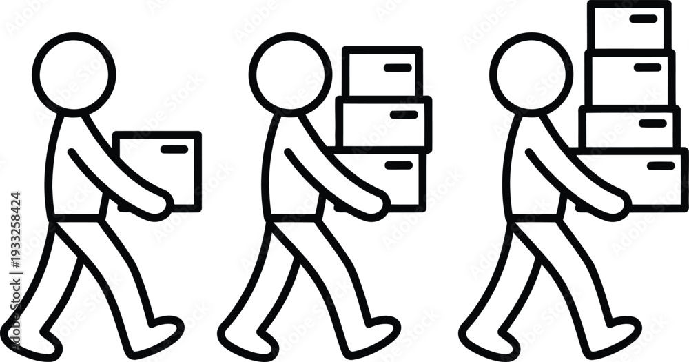 Fototapeta premium Simple illustration of three people carrying boxes of varying sizes, depicting a moving or delivery process