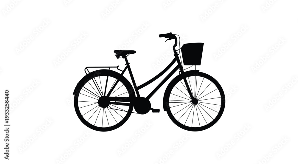 Naklejka premium Black silhouette of a bicycle with a front basket, classic bike icon, cycling and transportation symbol, minimal flat vector illustration isolated on white background.