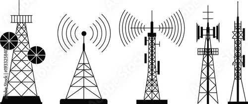 Telecommunication towers, broadcasting antennas, signal transmission, wireless networks, cellular communication, 5G infrastructure, radio tower icons, technology communication set