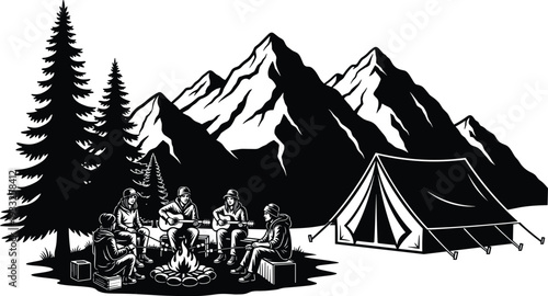 Outdoor mountain camping silhouette with group of people sitting around campfire playing guitar near tent and pine trees in wilderness nature adventure landscape.