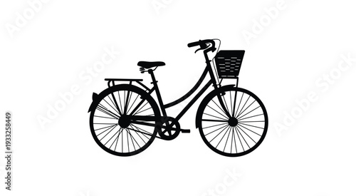 Black silhouette of a bicycle with a front basket, classic two-wheeled transport icon, urban cycling and leisure concept, minimal flat vector illustration isolated on white background.