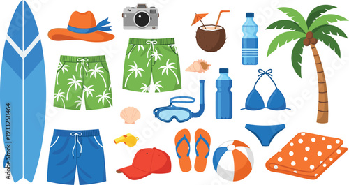 Summer beach vacation flat icon collection with surfboard swimwear palm tree camera coconut drink flip flops ball towel and snorkeling gear for tropical holiday design.