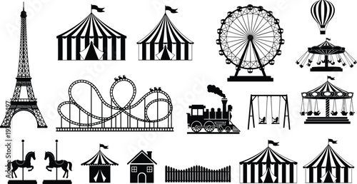 Amusement park carnival fair silhouette collection with ferris wheel roller coaster circus tents eiffel tower carousel horses steam train hot air balloon and swings set.