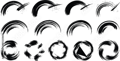 Black ink brush stroke collection with grunge circular swirl shapes and paint splatter effect isolated vector elements for artistic graphic design background projects