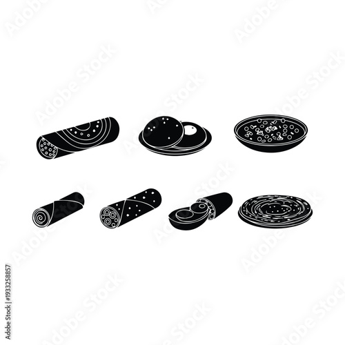 Black and white illustration of various types of savory wraps and rolls