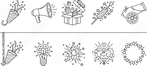 Colorful collection of festive firework rockets and pyrotechnic cracker icons with stripes and stars for Independence Day celebration, New Year party, and holiday events.