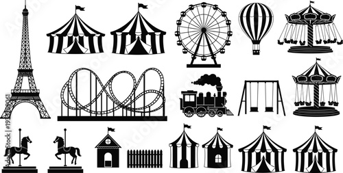 Large collection of amusement park silhouette icons featuring carnival tents, ferris wheel, roller coaster, carousel horses, eiffel tower, and fairground attractions for festival design.