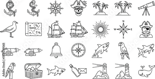 Large collection of pirate adventure outline icons featuring treasure chests, nautical ships, skulls, anchors, sharks, and maritime navigation symbols for seafaring design and ocean exploration.