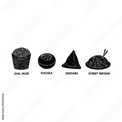Indian street food illustrations jhal muri fuchka singara and biryani