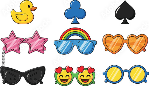 Fun vector illustration set featuring colorful novelty sunglasses with star heart and rainbow shapes along with yellow rubber duck spade and club icons