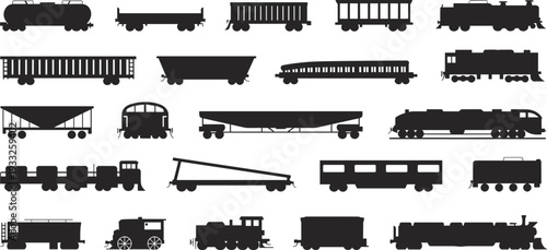 Train silhouette icons, cargo trains, passenger trains, vintage locomotives, rail car illustrations, black train shapes, transportation vector design, train collection, engine clipart