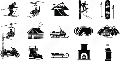 Black winter sports silhouettes set featuring skiing snowboarding snowmobile log cabin ski lift goggles and mountain landscape icons for outdoor recreation and travel designs
