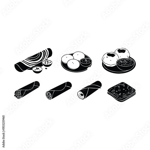 Black and white illustration of various japanese sushi and maki rolls