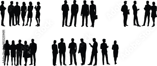 Business silhouettes, professional group, corporate discussion, teamwork, networking, collaboration, office staff, workplace culture, meeting figures, human outline, black silhouette illustration