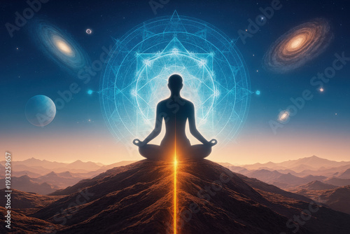 Wallpaper Mural Silhouette of person meditating on mountain peak with cosmic mandala and galaxies above Torontodigital.ca