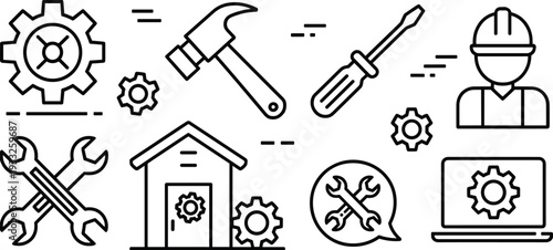 Construction and engineering icons, gear, hammer, screwdriver, hard hat worker, wrenches, house repair, laptop maintenance, technical support vector illustration