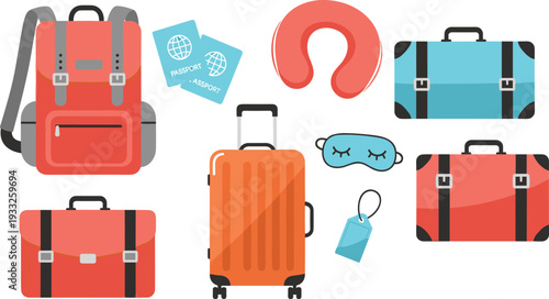 Travel luggage and vacation accessories vector set featuring colorful suitcases backpack passports neck pillow sleep mask and baggage tags for tourism and trip planning