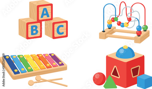Educational children wooden toy collection featuring alphabet blocks bead maze colorful xylophone and shape sorter box for early childhood learning and development play