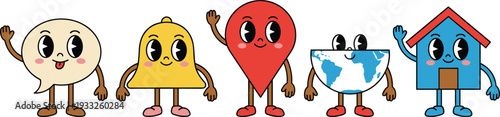 Cartoon vector illustration of anthropomorphic icons including speech bubble, bell, map pin, globe, and house characters with smiling faces, waving hands, playful design