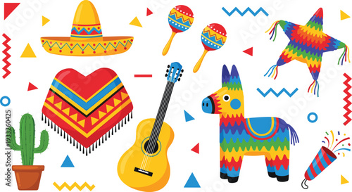 Mexican fiesta celebration vector collection featuring sombrero piñata guitar maracas cactus poncho and colorful party elements for Cinco de Mayo and festive design