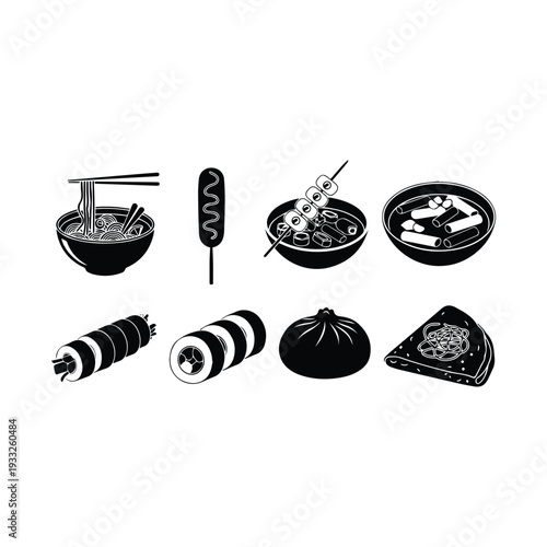 A collection of black and white japanese and asian food illustrations