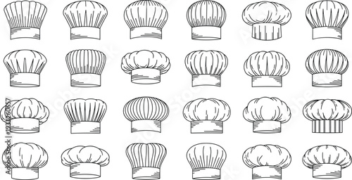 Chef hat vector collection featuring various toque styles in hand drawn black ink outline for restaurant kitchen uniform catering and culinary design