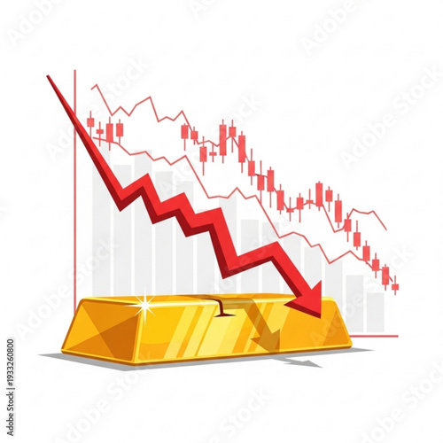 Gold price decrease chart with falling red arrow and bullion