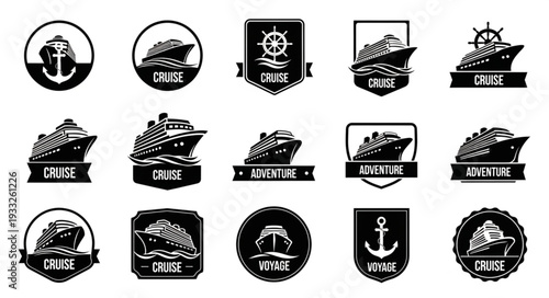 Collection of various cruise ship logos in black and white, perfect for travel agencies.