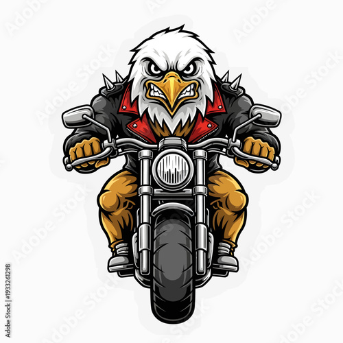A fierce bald eagle character rides a black motorcycle forward, wearing a black leather jacket adorned with metal spikes, viewed from the front.