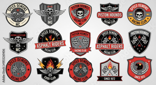 Collection of motorcycle club emblems, badges, and patches with skull and wings designs.