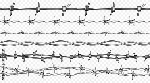 Wire barb border fence vector set - frame designs with isolated metal elements. Sharp spike patterns and military style razor wire illustrations for security and prison themed projects.
