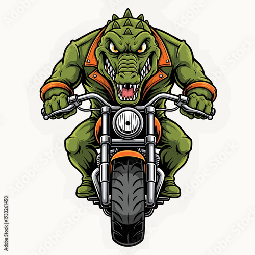 A menacing cartoon alligator rides a sleek motorcycle aggressively forward from a direct viewpoint