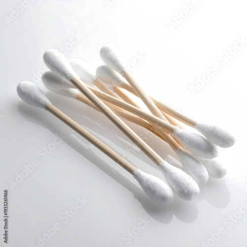 Stacked cotton swabs with wood sticks lie diagonally on a reflective surface