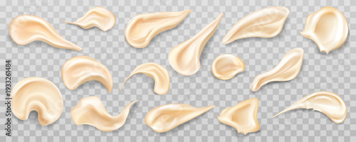 Cream foundation smear with silky texture for makeup application. Cosmetic swatch of liquid concealer in beige tones on transparent background. Creamy beauty facial gel product for radiant skin.